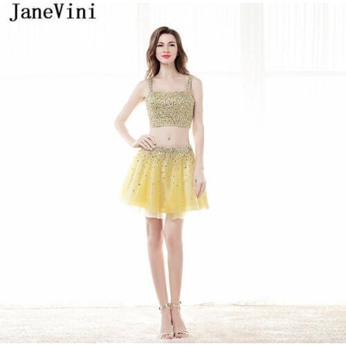 JaneVini Yellow Beaded Sexy Tulle Two Piece Homecoming Dresses A Line 2019 Strapless Sparkle Crystal Backless Short Formal Dress