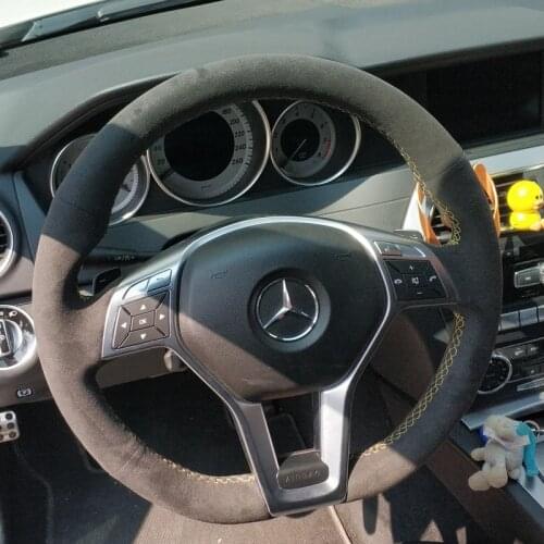 Top All Black Suede Leather Steering Wheel Yellow Stitch on Wrap Cover Fit For Mercedes-Benz AMG GLA45 2015