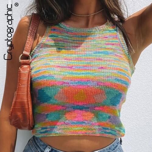 Cryptographic Fashion Trend Summer Rainbow Knitted Tank Tops for Women Sleeveless Y2K Top Cropped Casual Outfits Streetwear