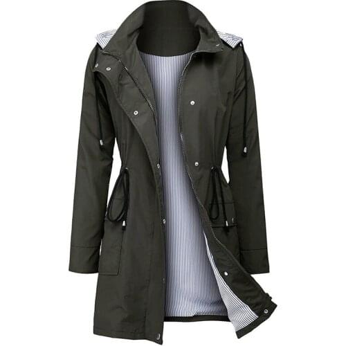 Womens winter windbreaker jacket with hooded waistband drawstring buttons and pockets