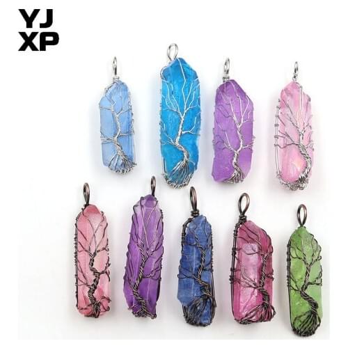 YJXP Natural Crystal Pendants Dyed Color Pillar Necklaces' Pendant Wire Winding Tree of Life Irregular Shaped Reiki Jewelry