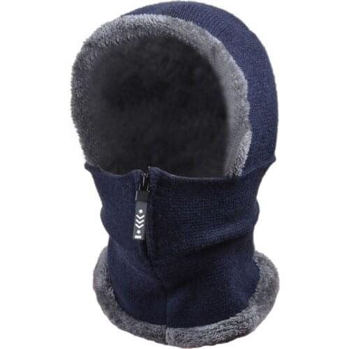 Women Winter Knit Balaclava Beanie Hat Solid Color Zipper Ski Face Mask Windproof Plush Lined Earflap Cap Neck Warmer