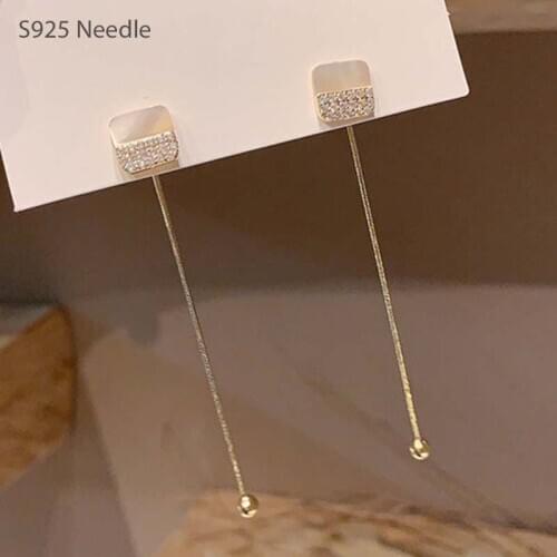 Real 925 Sterling Silver Needle Long Dangle Drop Earrings for Women Jewelry Square Opal Cats Eyes Tassel Female Earrings Charm