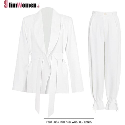 White Elegant Two Piece Set Women Blazer High Waist Belt Lace-up Wide Leg Pants Suits Female 2021 Korean Advanced Loose Blazer