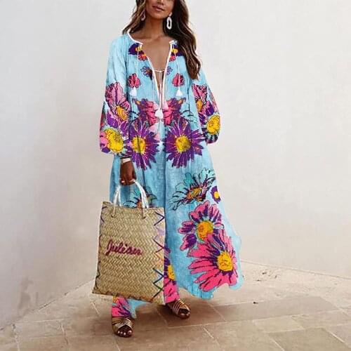 Womens Fashion Casual Bohemian Style V-Neck Long Sleeve Long Dresses Vestidos Female High Waist Robe Femme Maxi Dress