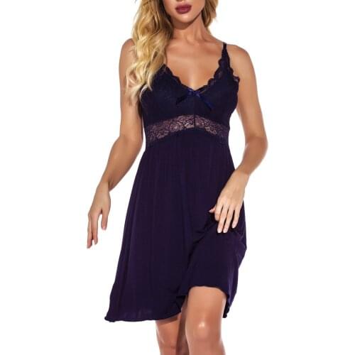Womens Fashion Solid Color Sleeping Dress Sexy V-neck Lace Stitching Suspender Sleepwear