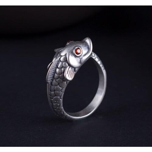 2021 New Chinese retro red zircon carp open ring Womens handmade fashion casual retro jewelry
