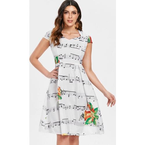 Wipalo Christmas Sweetheart Neck Music Note Print Dress Women Music Note Print Dresses Audrey Hepburn Robe Retro Vestidos 2XL