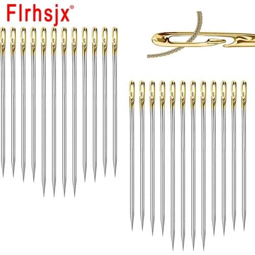 12Pcs 3 Sizes Self Threading Needles Easy Side Stitching Pins Stainless Steel Embroidery Needles for Hand Sewing Embroidery Tool