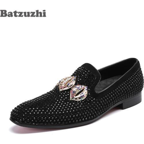 Batzuzhi Italian Model Mens Shoes Black Leather Dress Shoes Slip-on Pointed Toe Rhinestones Party Mens Shoes Wedding, 38-46