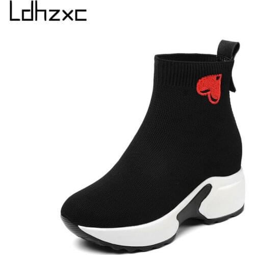 LDHZXC 2020 Comfort Thick Bottom Autumn Winter Ankle Boots Women Shoes Round Toe Height Increasing heart-shaped Socks Size 34-43