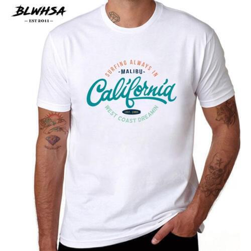 BLWHSA Men T-Shirt Always In California West Coast Dreaming Letter Printed Badge White T Shirts For Men