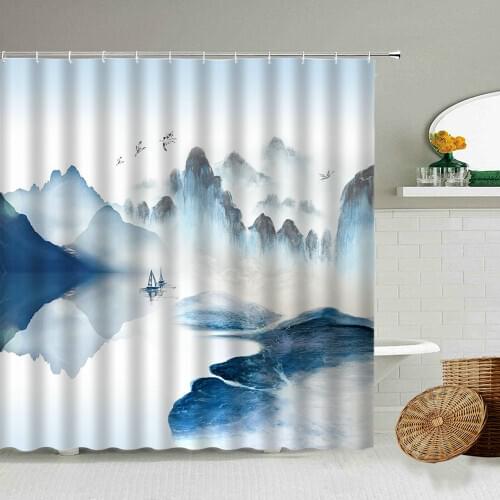 Chinese Ink Landscape Shower Curtain Forest Scenery Bathroom Bathtub Waterproof Shading Screen Window Decoration With Hook Set