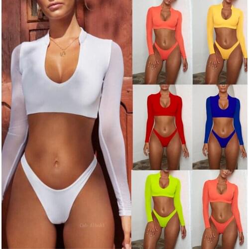 Long Sleeved Mesh Bikini Set Fluorescent Green Split Swimsuit Two Piece Summer Outfits for Women Swimwear Bathing Suit 2021