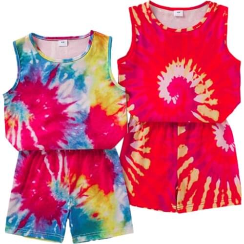 4-9Y Girls Summer Clothes Set Tie-dye print Sleeveless Top Shorts 2 Piece Clothing Suit Baby Outfits for Kids Girls Clothes