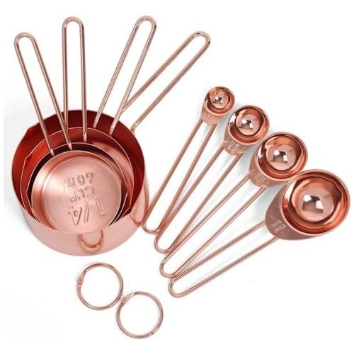 Rose gold Stainless Steel Measuring Cups and Spoons set of 8 Engraved Measurements,Pouring Spouts & Mirror Polished for Baking a