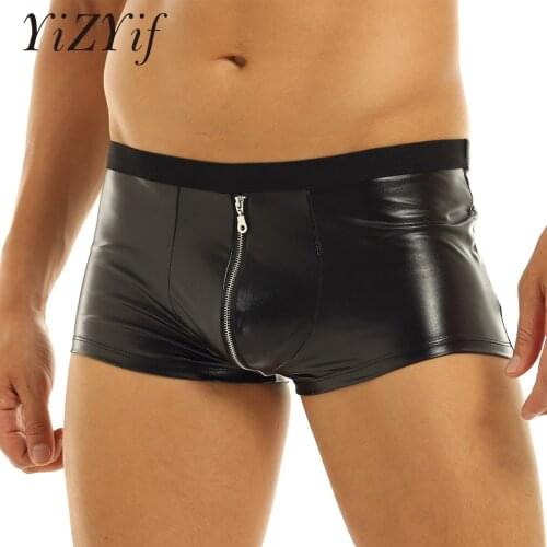 Men Sexy Lingerie Panties Wetlook Faux Leather Zipper Jockstraps Bulge Pouch Gay Sexy Clubwear Boxer Shorts Underwear Underpants
