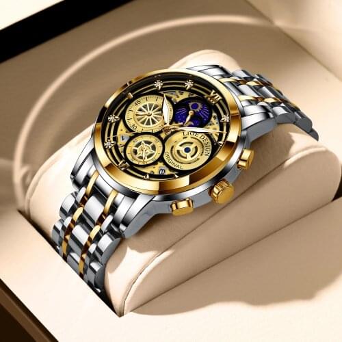 2021 New Fashion Mens Watch Stainless Steel Top Brand Luxury Waterproof Sports Chronograph Quartz Mens Relogio Masculino