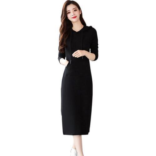 New Autumn Dress Women 2018 Hooded Casual Black Sweater Dress Long Sleeve Plus Velvet Slim Dresses Vestidos X3