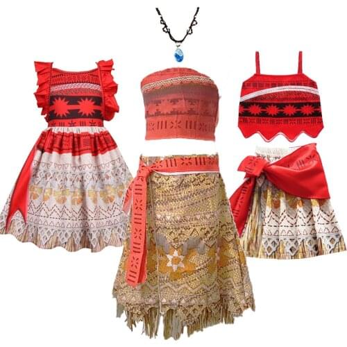 Girl Moana Dress Summer Short Sleeve Vaiana Costume Wig and Necklace Little Girl Cosplay Moana Costume 3-10 Years