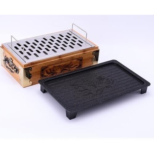 Portable charcoal bbq grills bamboo box mini table barbecue grill with Maifanshi baking pan bar household outdoor stove 036