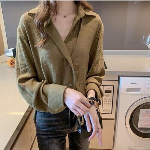 Womens solid chiffon shirts autumn long sleeved thin sexy v-neck single breasted shirts for office ladies Korean Style tops
