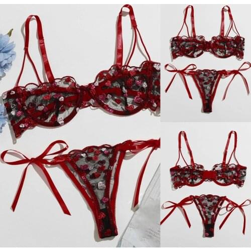 Sexy Red Lace Lingerie Set Floral Embroidery Bra G-String Thong Suit Ladies Temptation Bandage Underwear Set lingerie femme sexy