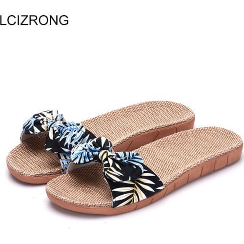 LCIZRONG New Creative Leaves Bed Slippers Women Designer Home Linen Beach Shoes Hawaiian Bohemia Style Slides Female Flip Flops