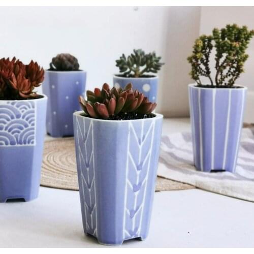 Home Garden Decoration Ins Purple Fresh Ceramic Succulent FlowerPot Simple Hand Painted Pattern Desktop Container Green Planting
