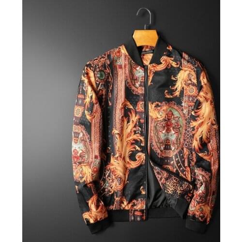 Vintage Jacket Men Golden Bomber Print Jacket Men Luxury Bomber Outfit Party Jacket Outfit Club Bar Coat Men Casaca Hombre