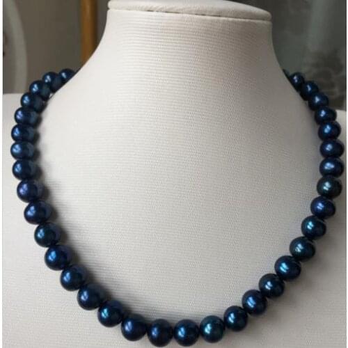 High quality9-10mm tahitian round black blue pearl necklace 18inch 925 silver