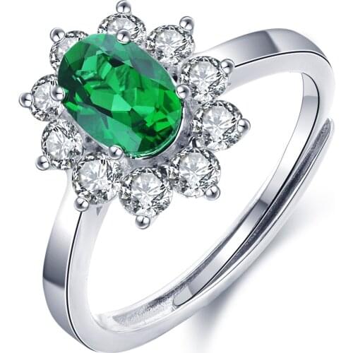 Zhanhao Lab Grown Zambia Emerald Oval Cut Sun Flower Shape Engagement Rings Adjustable Women 925 Sterling Silver Jewelry