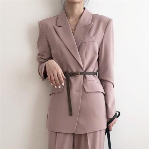Women Jacekt New Loose Casual Blazers Korean Student Pink Long Sleeve Pocket Office Lady Feminino Coat Sashes Outerwear Ukraine