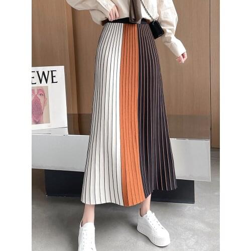 TIGENA Knitted Midi Skirt Women 2021 Autumn Winter Casual Contrast Striped A Line Elastic High Waist Pleated Long Skirt Female