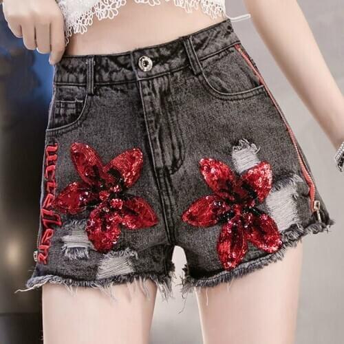 2019 Summer Women Womans High Waist Embroidery Black Hole Denim Jean Shorts , Korean Womens Clothes Ladies Tassel Jeans Shorts