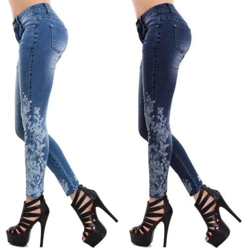 Women Embroidery Long Jeans Blue Denim Pencil Pants Skinny High Waist Autumn With Pockets Streetwear Vaqueros Mujer