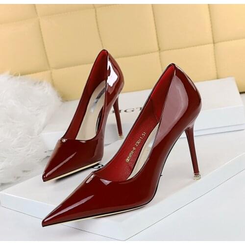 BIGTREE 2021 NEW Sexy Patent Leather Shallow Solid Women Pumps 9.5CM Stiletto Heels Ladies Shoes Fashion Pointed Toe Size 34-43