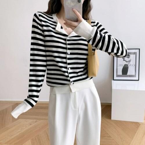 Autumn New Single Breasted round Neck Striped Loose Lazy Cashmere Sweater Cardigan Sweater Coat Sunscreen Shirt Women
