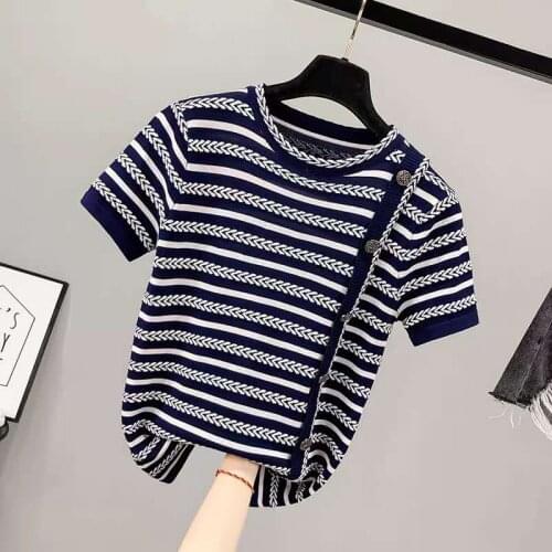 Fashion O collar metal button sweater bottoming shirt womens stripe thin pullover summer Ice silk Short sleeve