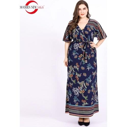 2021 Summer Women Dress Short Sleeve Long Dress Woman Dresses Print Maxi Dress Plus Size Dress V-neck Summer Clothes For Women