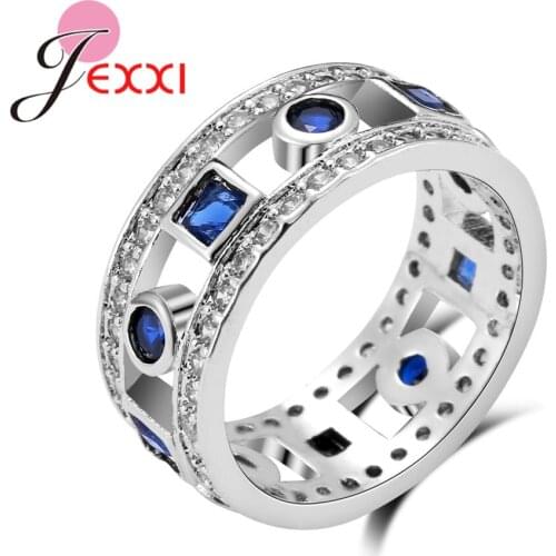 Lovers 925 Sterling Silver Rings Women CZ Crystal Hollow Rings Jewelry For Wedding Romantic Gift Top Quality Blue Color