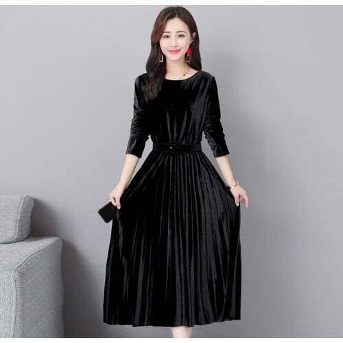 2020 New Fashion Spring Autumn Gold velvet Women Dress Slim Elegant Temperament Long sleeve Dress Brown blue Pink Black Dress