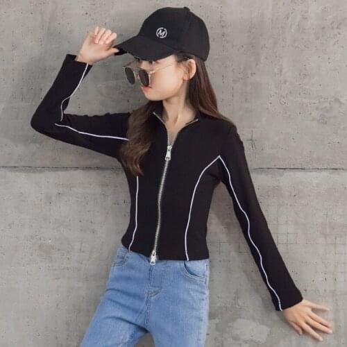 2021 Autumn Girls Fashion Zipper Tops 10 12 years Luminous Tight T-shirt Dance Hiphop Teen Girls Clothes