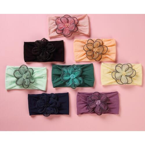 24 pcs/lot, Beaded Mesh Flower wide nylon headbands, Infant baby girls hair accessories nylon turban head wrap