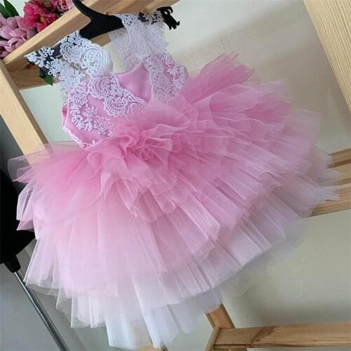 White Lace Pink Tulle Baby Girls Birthday Dress Kids Clothes for Party 1 year Birthday Gown Baby Cloting vestido infantil