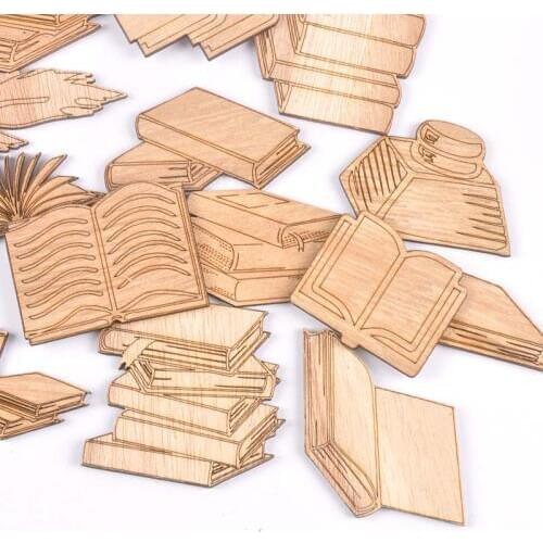 Mixed Book Pattern Wooden Crafts Scrapbooking 10Pcs Wood Ornaments For Decor Birthday Wedding DIY Arts Home Decoration m2553