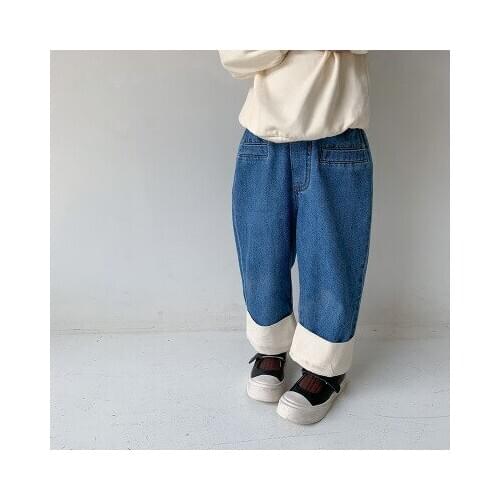 2020 Spring and Autumn New Straight Jeans Loose Wide Legs Pants for Boys Middle and Small Childrens White-Edged Pant Denim Jean