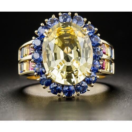 Bamos Yellow & Blue Zircon Antique Ring Luxury Oval Engagement Wedding Rings For Women Vintage Gold Color Jewelry Best Gift