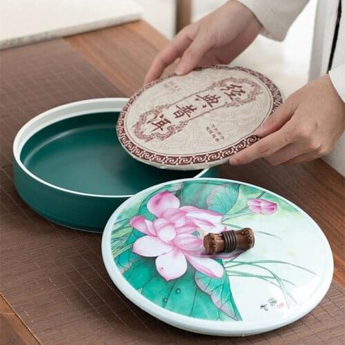 Four Seasons Printed Pu'Er Tea Cake Storage Box Round Flat Porcelain Tank Ceramic Case Sealed Moisture-Proof Coffee Can Nut Cont