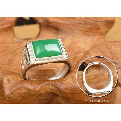 Natural stone ring men sterling silver ring opening Natural green chalcedony old pit han edition domineering personality boy